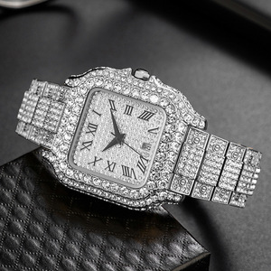 Montre Homme Hip-Hop Diamantée Carrée à Chiffres Romains Mouvement Quartz Jour/Date Phase de Lune - Nouveauté Tendance - Product Image 6