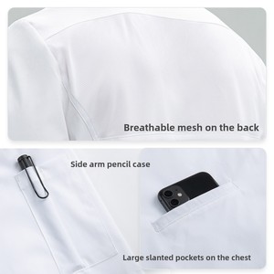 Uniforme de chef haut de gamme pour homme, poches courtes obliques, tissu sergé 100% polyester, impression en relief pour restaurant, restauration, chef - Product Image 5