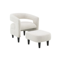 Fauteuil d'appoint beige incurvé avec pouf assorti, pieds coniques en bois massif, compact, pour la lecture