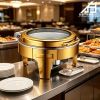 Luxuriöses Hotelzubehör: Edelstahl 6L Gold Rundes Buffet-Set, Hydraulischer Chafing Dish Speisenwärmer mit Glasdeckel für Restaurants