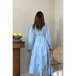 Robe trapèze bleue ceinturée à col, taille naturelle, en tissu tissé respirant, pour usage quotidien décontracté - Product Image 1