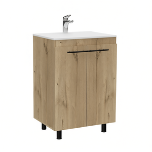 <b>Bathroom</b> Vanity Cabinet 23 In Light Oak Wood Modern <b>Free</b> <b>Standing</b> Sink Cabinet With Ceramic Basin - Product Image 1