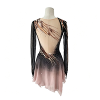 Costume de patinage artistique pour enfants et adultes, robe en maille à manches longues dégradé noir et rose avec strass pour spectacle sur glace