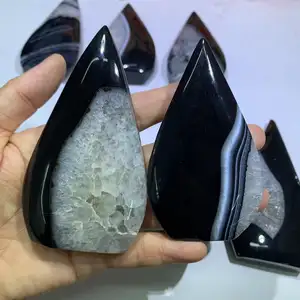 Kindfull Natural High Quality Black Lace Agate Ornament Healing Crystal Hand Carved Agate Flame Chinese Fengshui For Sale