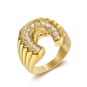 Men's Gold Plated Horse Head Ring With <b>Crystal</b> Inlay Pave Setting <b>Animal</b> Shape Jewelry Gift - Product Image 1