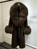 Janveny 2026 Nouvelle Collection Hiver – Manteau en Laine et Cachemire Mélangé avec Vraie Fourrure de Mouton de Mongolie pour Femme, Longueur Genou, à Lacets