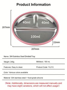 Vaisselle pour enfants très vendue, 3 compartiments, bol en acier 304 avec ventouse en silicone, antichoc, incassable, facile à nettoyer - Product Image 2