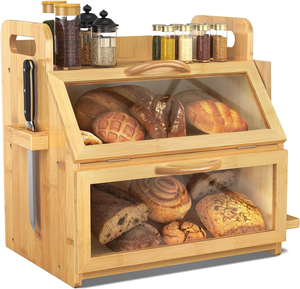 Bamboo Bread <b>Box</b> with Knife Holder & <b>Drawer</b> | Two-Tier Airtight Bread <b>Storage</b> Bin for Kitchen Countertop - Product Image 1