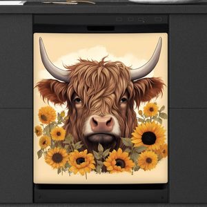 Sunflowers Highland Cow Housse magnétique pour lave-vaisselle, style campagnard, réutilisable, pour réfrigérateur, <span class=keywords><strong>d</strong></span>écoration pour la maison et la cuisine - Product Image 1