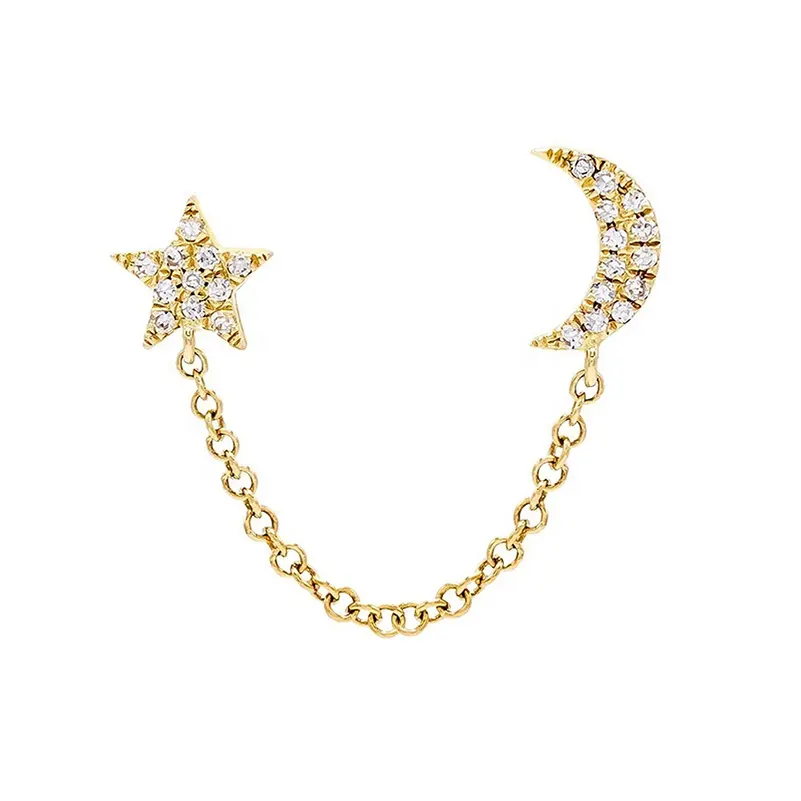 Pendientes minimalistas de oro de 14 quilates con forma de Luna y Estrella, pendientes con cierre de tuerca, para mujer