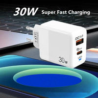 Cargador de pared A + C de 30W QC3.0, puertos duales, tipo C USB, adaptador de carga rápida, enchufe de EE. UU., UE, Reino Unido, bloque de cargador de viaje