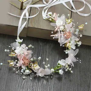 Wholesale super fairy women headband wreath Korean rhinestone pearl crown forest flower butterfly bridal tiara