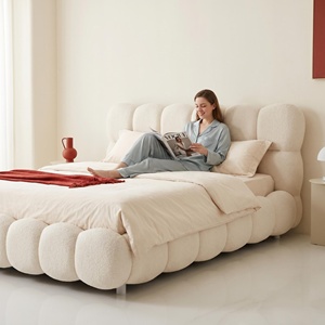 Modern <strong>Cream</strong> Style Bubble <strong>Bed</strong>, Designer Soft Upholstered Fabric <strong>Bed</strong> Frame, King/Queen Size Cloud <strong>Bed</strong> for Master Bedroom - Product Image 3