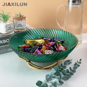 Hot Selling Light Gray Green White Purple Glass Mesh Red Fruit Plate with Large Diameter Stripe and Golden Base for Candy Dry