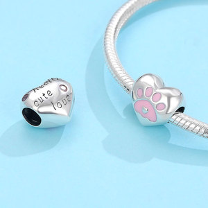 Abalorio de Plata S925 con Forma de Corazón y Huella de Pata de Mascota, Esmalte Rosa, para Amantes de Perros y Gatos, Joyería para Pulsera de Mujer, Regalo - Product Image 2