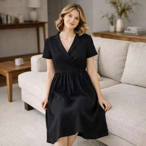 Abito da <span class=keywords><strong>Donna</strong></span> <span class=keywords><strong>su</strong></span> <span class=keywords><strong>Misura</strong></span> in Lino Nero, Vestito Elegante a Vestibilità Ampia, Fornitore di Abbigliamento Femminile di Qualità - Product Image 1