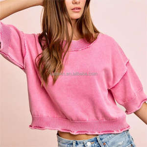 <span class=keywords><strong>Pull</strong></span> en maille côtelée <span class=keywords><strong>rose</strong></span> vif à bord brut et manches courtes pour <span class=keywords><strong>femme</strong></span> – Vente en gros - Product Image 1