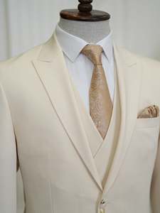 Costume de mariage 3 pièces pour <span class=keywords><strong>homme</strong></span>, coupe ajustée, couleur ivoire, grande taille, avec col à revers, idéal pour les fêtes et les mariages, sur mesure, MS9978 - Product Image 2