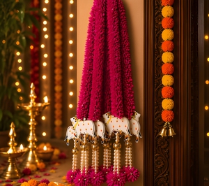 Tapiz de pared tradicional de tela rosa con borlas y cuentas blancas con diseño de vaca para decoración de entrada interior en Diwali. - Product Image 1