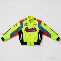 Blouson de course vintage en polyester personnalisé, jaune fluo, avec lettrage en chenille et écussons de course, coupe-vent, style bomber pour motard