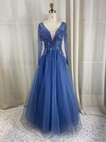 Robe de soirée bleu sarcelle perlée, col en V profond, manches longues avec broderie de cristaux lourds, robe de banquet de luxe coupe trapèze