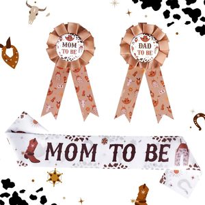 Decorazioni per <span class=keywords><strong>Baby</strong></span> Shower a Tema Western Marrone, Distintivi per Futura Mamma e Futuro Papà, Fascia 'Mom to Be' per Festa a Tema Cowboy - Product Image 4