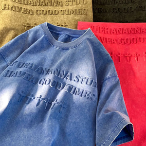 เสื้อยืดโอเวอร์ไซส์ผู้ชาย ผ้าฝ้าย แขนสั้น คอกลม ลายตัวอักษรนูนสไตล์วินเทจ ซักแบบแซนด์วอช ทรงปกติ โลโก้ด้านหน้า - Product Image 2