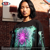 T-shirt noir à manches longues avec imprimé néon squelette, araignée et motif lumineux sur les manches, style streetwear pour homme, OEM