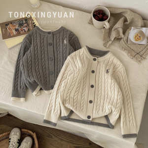 Children's <b>Cable</b> Knit Sweater Gray Beige Cotton Autumn Winter Boys Girls Matching Outfits - Product Image 1