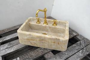 Vasque flottante de luxe en marbre naturel, lavabo intégré en pierre, comptoir de salle de bain mural cannelé, sur mesure OEM ODM - Product Image 2