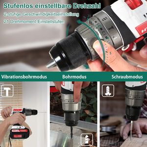 Hychika 18 מסך מסך אלחוטי, מקדחה אלחוטי עם סוללה 2.0 אה, פטיש מקדחה מקס. 45 ננומטר, 2 מהירויות, 21 + 3 מומנט - Product Image 5