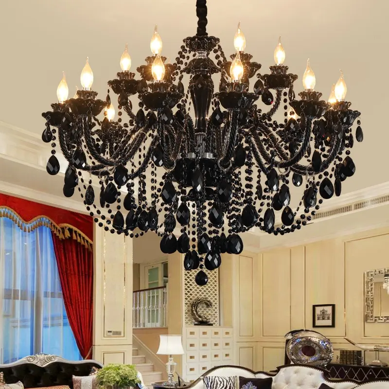 Lustre de cristal moderno, lustre de cristal preto, luminária suspensa com iluminação de casa, sala de estar, atmosfera de hotel