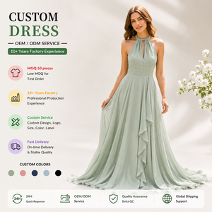 Abito lungo <span class=keywords><strong>da</strong></span> <span class=keywords><strong>damigella</strong></span> d'onore estivo in chiffon <span class=keywords><strong>verde</strong></span> salvia con scollo all'americana, dettaglio a goccia e balze a cascata - Product Image 1