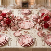 Maßgefertigtes Vintage Rotes Blumenmuster Keramik-Tellerset 6,5/8/10,5/12 Zoll Toile De Jouy Porzellan-Geschirr Hochzeit Hotel Tischdekoration