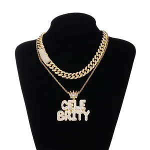 2023 Hot Sale Iced Fancy Fashion Full Drill Alloy Jewelry Bling Alphabet Crown Clasp Buckle Pendant with Chain Necklace Set