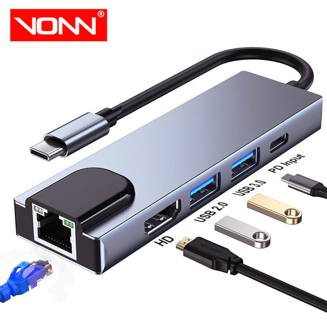 5 in 1 Multiport Adapter RJ45 Docking Station Cheap USB C Hub HDTV 4K USB Port PD Ethernet Dock Station 100M Ethernet