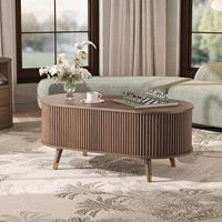 Table basse ovale moderne en noyer foncé avec plateau relevable et rangement dissimulé, table centrale de salon en bois cannelé