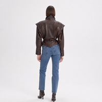 Blouson en peau de mouton véritable pour femme, anti-rides, écologique, avec ceinture, col rabattu, manches longues, court, automne