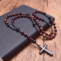 Colliers de prière catholique en pierre naturelle œil de tigre rouge onyx avec pendentif croix en hématite pour hommes et femmes
