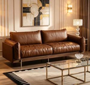 Sofá de 3 plazas de cuero marrón coñac premium con estructura de madera de nogal y metal para sala de estar - Product Image 5