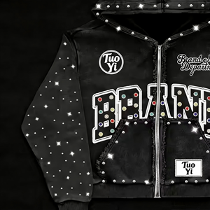 Felpa con Cappuccio da Uomo di Alta Qualità in Puro Cotone, Stile Street Vintage Sportivo con Ricami e Strass Termoadesivi - Product Image 2