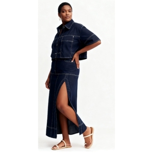 Summer Women's Casual Pocket Short-Sleeve Shirt <b>Split</b> <b>Skirt</b> Denim 2-Piece Set Fashion - Product Image 4