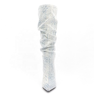 Light Soft Upper Pleated Pointy Toe Women's Boots Thin High Heel <b>Shoes</b> Denim Big Size 46 Knee High Boots - Product Image 3