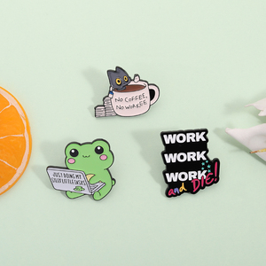 Ensemble de badges émaillés à thème humoristique sur le thème du travail et de la vie, avec motifs d'animaux (grenouille faisant des actions bizarres, chat café), broches de revers, bijoux, cadeau, vente en gros - Product Image 2