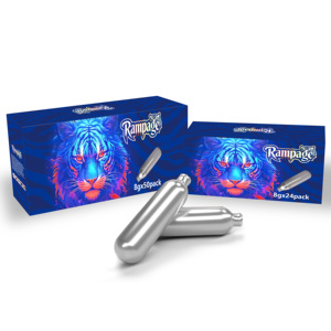 Rampage Sin Esperas! Cargador de crema batida de 8g, gas alimentario con cuerpo de metal de acero al carbono - Product Image 1