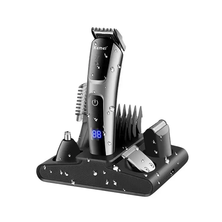 Kemei KM-675 5-In-1 Replaceable Blade Hair Trimmer Imitation Leather Shell Electric Hair Trimmer LED Display Hair Trimmer Set