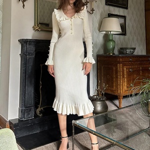 Robe longue maxi élégante et ample pour femme, style rétro, à volants, tricotée, manches longues, coupe droite, style vintage, automne-hiver, personnalisable OEM - Product Image 2