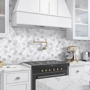 Sunwings Hexagonal Casca e Azulejos | Estoque nos EUA | Backsplash de mosaico composto de pedra para azulejos de parede de cozinha com aparência de mármore