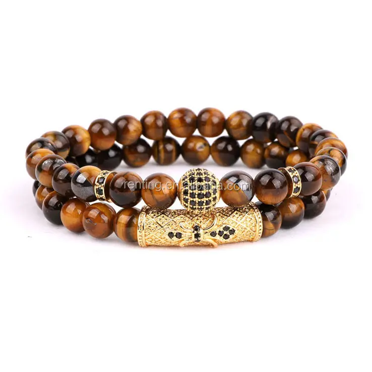 High Quality Gemstone Natural Stone Tiger Eye CZ Pave Anchor Charm Elastic Beads Bracelet Set For Men JBS10198