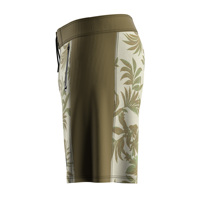 Shorts de plage pour hommes, design élégant, motif feuille tropicale olive, légers, avec cordon de serrage, double poche latérale, fermetures éclair et boutons.